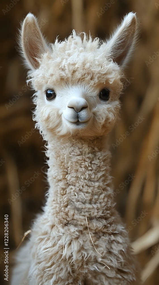 Obraz premium Close-up portrait of young white alpaca with fluffy wool and expressive eyes against natural brown background, showing gentle facial features and soft texture.