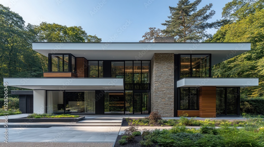 Fototapeta premium Modern house, forest backdrop, luxury home sale