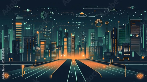 Futuristic city highway network with automated vehicles and digital interface elements at night photo