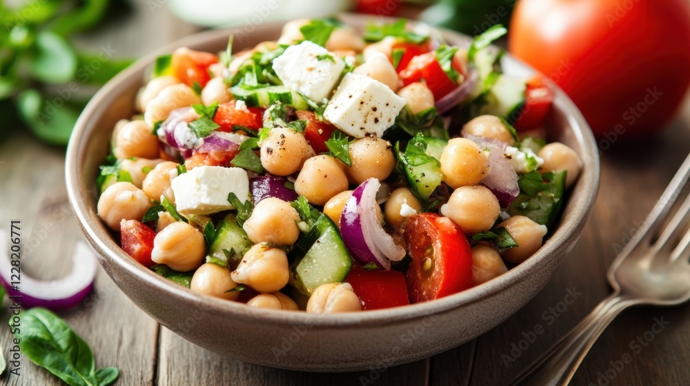Fresh and colorful mediterranean chickpea salad with feta and vegetables Fresh and colorful mediterranean chickpea salad with feta and vegetables