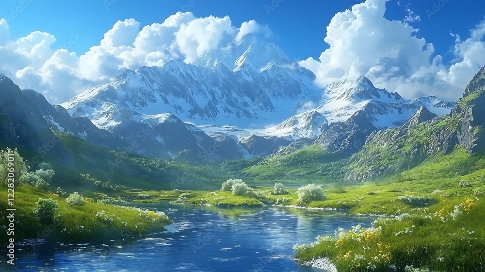 Fototapeta premium Ethereal landscape featuring snow capped mountains glowing sunrise mesmerizing winter wallpaper photography image