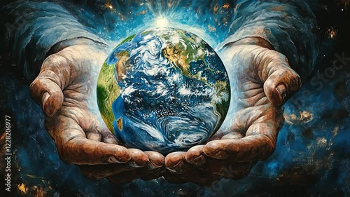 Earth cradled in hands with cosmic backdrop, celebrating Earth Day themes in inspiring slow motion imagery