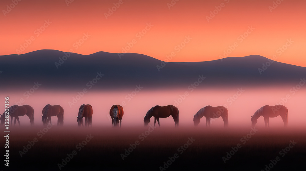 Fototapeta premium A small herd of wild horses grazing quietly in an open field at dawn, surrounded by a gentle morning mist. 