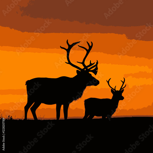 deer, deer in the sunset, silhouette of a deer, deer vector, deer illustration, silhouette of a deer on sunset
