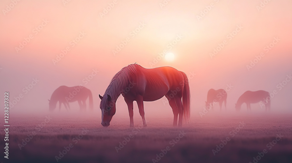 A small herd of wild horses grazing quietly in an open field at dawn, surrounded by a gentle morning mist. A small herd of wild horses grazing quietly in an open field at dawn, surrounded by a gentle morning mist.