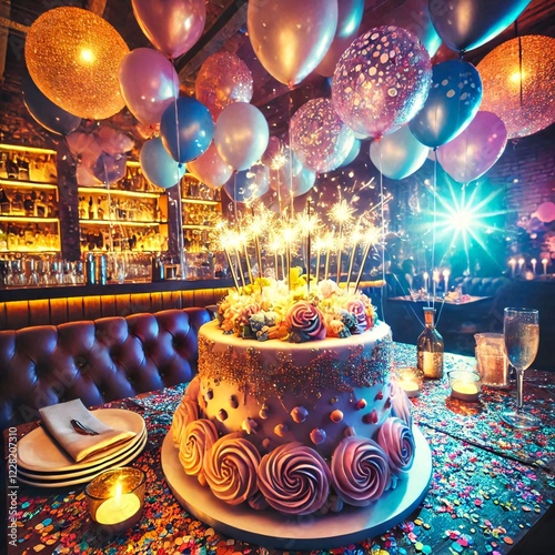 Birthday cake with balloons and confetti photo