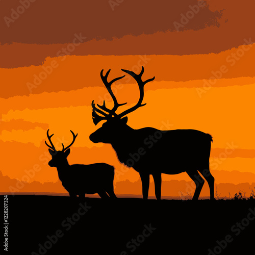 deer, deer in the sunset, silhouette of a deer, deer vector, deer illustration, silhouette of a deer on sunset