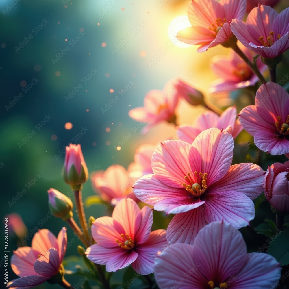 Fototapeta premium Glowing silk threads intertwining with nature, radiant, flowers