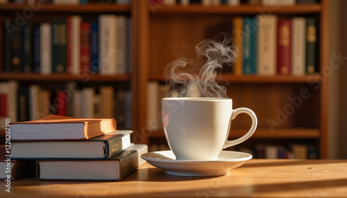 Steaming coffee cup on wooden table with books in background