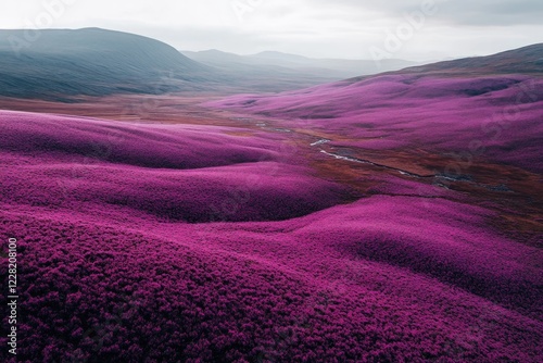 aerial orthographic view of endless fields of purple heather blooming across rolling hills of cairngorms national park photo