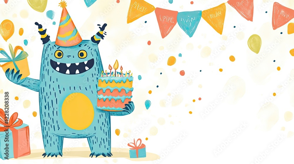 Naklejka premium Festive monster holding cake & gifts, birthday party background, celebration banner design