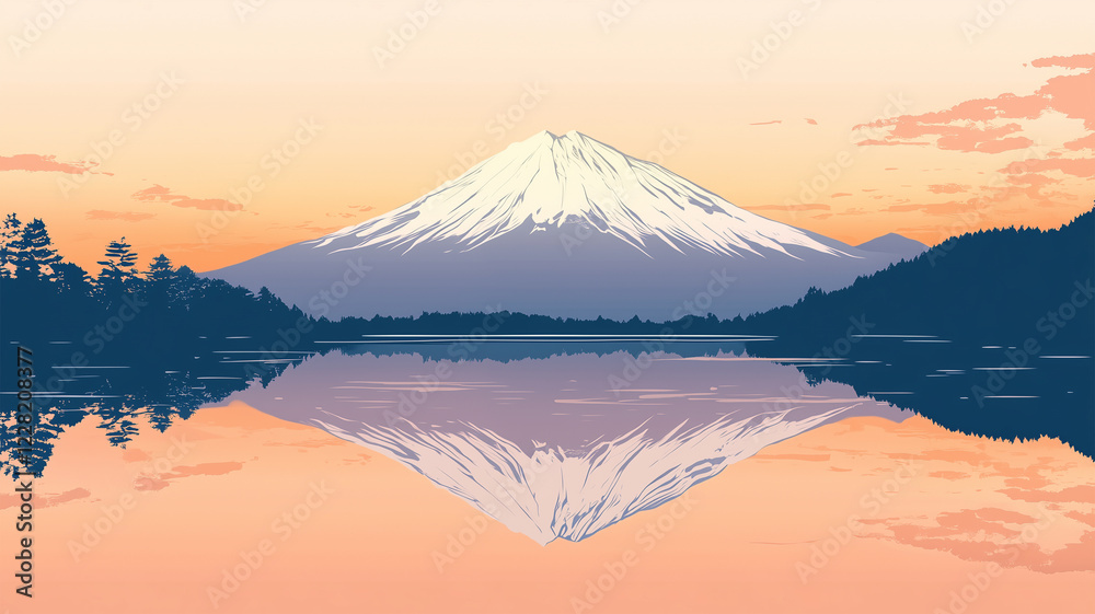 Fototapeta premium 湖面に映る静寂な逆さ富士、早朝の幻想的な風景