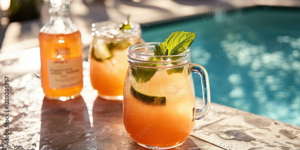 Refreshing summer citrus cocktail by the pool with lemon and mint garnish Refreshing summer citrus cocktail by the pool with lemon and mint garnish
