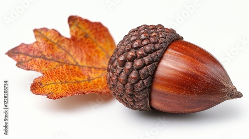 An acorn resting beside a colorful autumn leaf.