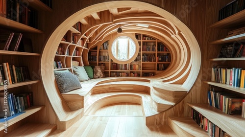 Wooden Curving Bookshelf Library Reading Nook photo