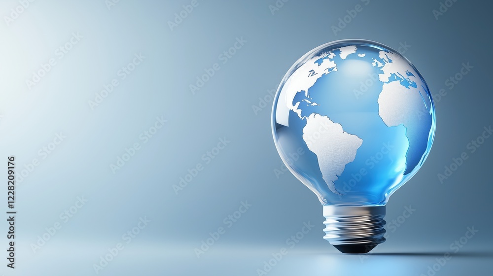 Light bulb with Earth's continents inside, against a blue background. Concept of global innovation, sustainability, and green energy. Light bulb with Earth's continents inside, against a blue background. Concept of global innovation, sustainability, and green energy.