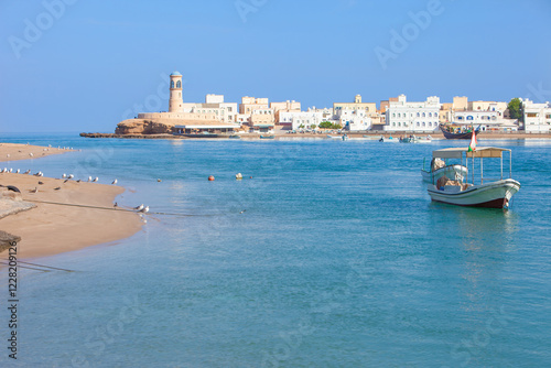Oman, a foreshortening of Sur coastline with its little lighthouse