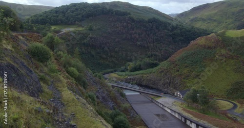 shot of the hills and spillway at Llyn Brianne dam at Rhandirmwyn, Llandovery