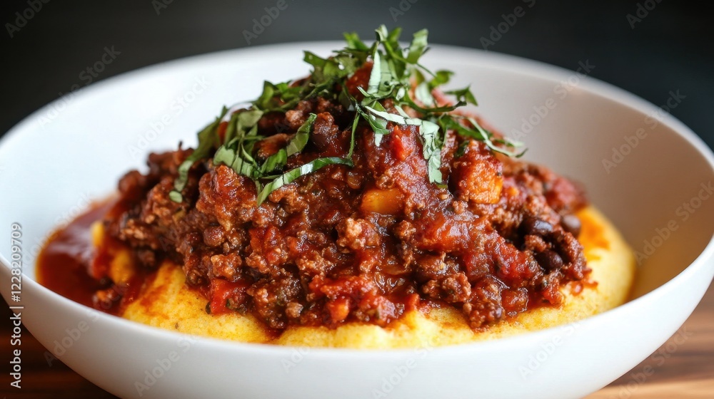 Savory polenta topped with hearty beef ragout and fresh herbs in white bowl Savory polenta topped with hearty beef ragout and fresh herbs in white bowl