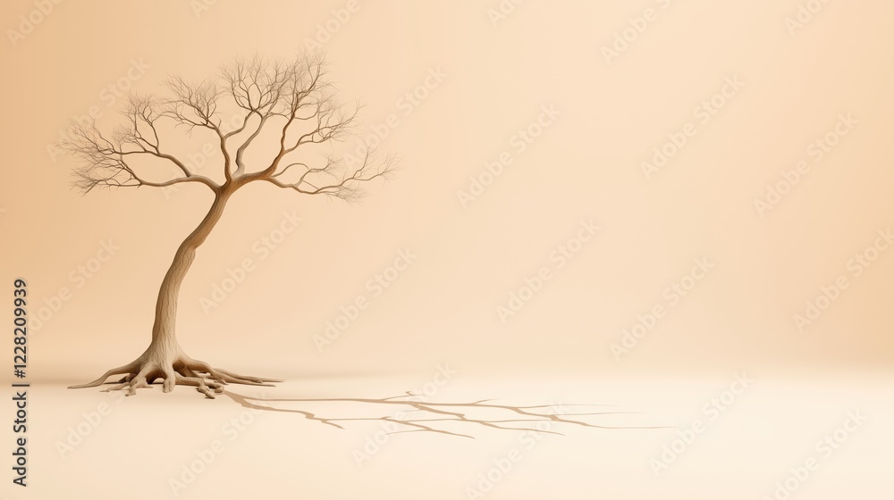Bare tree with roots visible, on a beige background. Symbolizing grounding, growth, and connection to nature. Bare tree with roots visible, on a beige background. Symbolizing grounding, growth, and connection to nature.