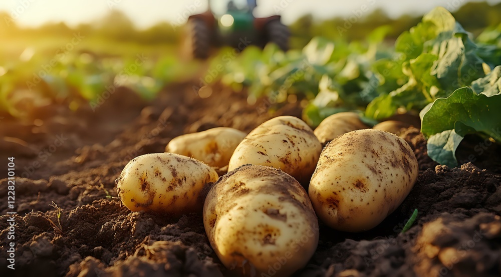 Fresh harvested potatoes lying on fertile soil in agricultural field with green potato plants and tractor silhouette in sunset light. Fresh harvested potatoes lying on fertile soil in agricultural field with green potato plants and tractor silhouette in sunset light.