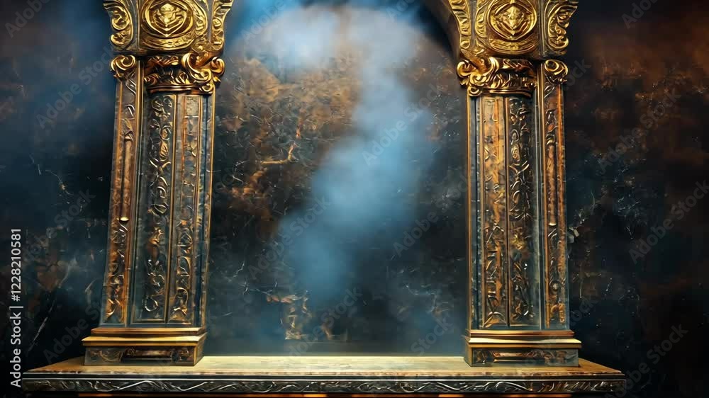 Mystical light beam illuminating ornate ancient architecture with intricate gold details