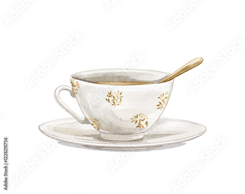Watercolor vintage tea cup on saucer with golden spoon and pattern isolated on white background. Hand drawn illustration sketch