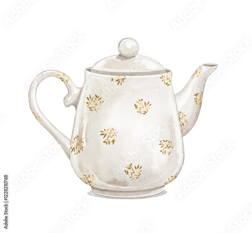 Watercolor vintage porcelain ceramic teapot with golden pattern isolated on white background. Hand drawn illustration sketch