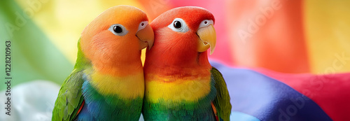 A pair of lovebirds with rainbow-hued feathers, sitting close together with an LGBTQ flag in the background
