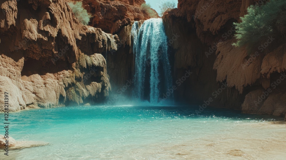 Naklejka premium Canyon Waterfall Cascades Into Turquoise Pool