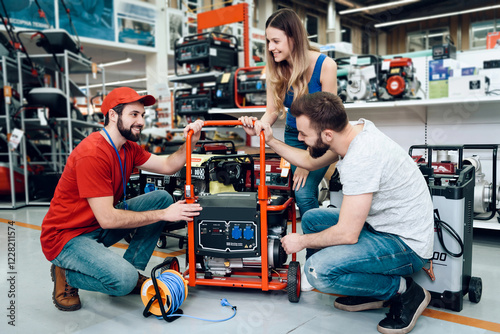Salesman in red shirt and baseball cap is showing couple of clients new generator in power tools store.