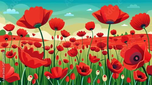A heartfelt tribute to honor heroes depicted in a simple illustration of a vibrant field of red poppies for Anzac Day.