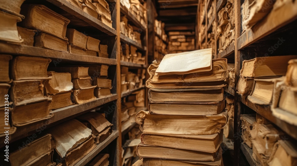 Ancient Books Fill Wooden Shelves In A Dusty Archive Ancient Books Fill Wooden Shelves In A Dusty Archive
