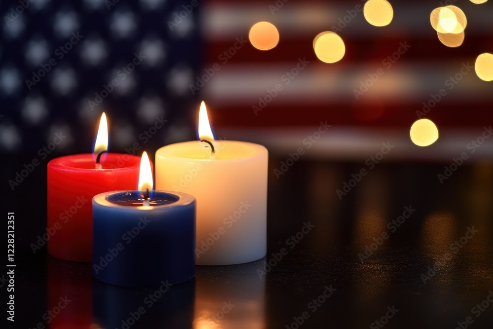 3 white, red, and blue candles on a black background with a blurred American flag in the background Generative AI 3 white, red, and blue candles on a black background with a blurred American flag in the background Generative AI