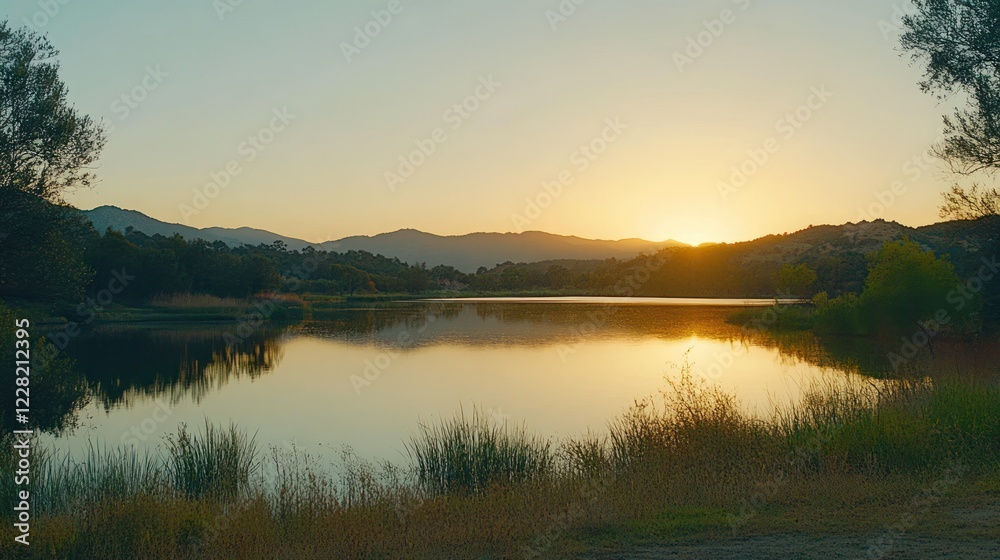 Serene Sunset Over Mountain Lake And Trees Serene Sunset Over Mountain Lake And Trees
