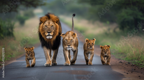 Lion family: a male, a lioness and three cubs walk along the road and stare intently at the camera.