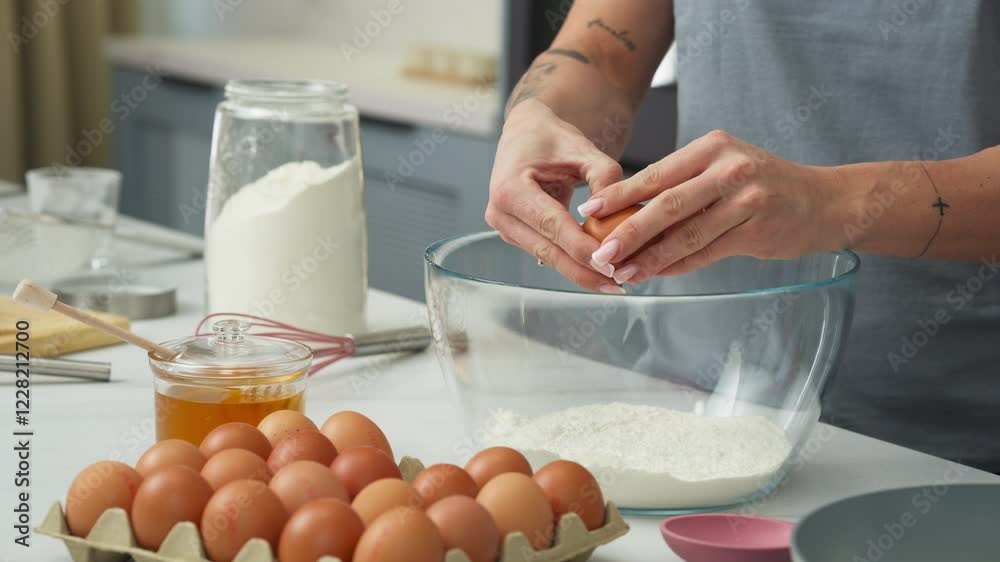 Woman cracking eggs and pouring them into a bowl with flour to make pastry Woman cracking eggs and pouring them into a bowl with flour to make pastry