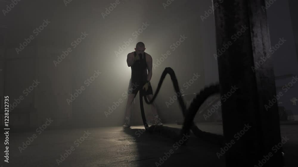 Boxer training with battle ropes in a smoky, atmospheric gym setting.