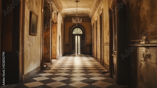 Sunlit Hallway in a Decaying Mansion
