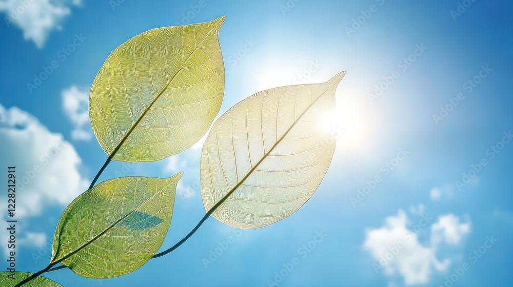 Obraz premium Three translucent leaves backlit by bright sunshine