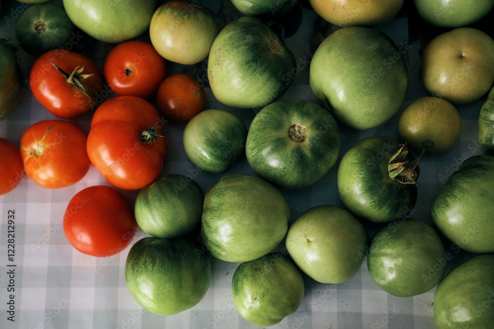 Obraz premium unripe green homemade tomatoes are on the table. Ripening tomatoes indoors at home