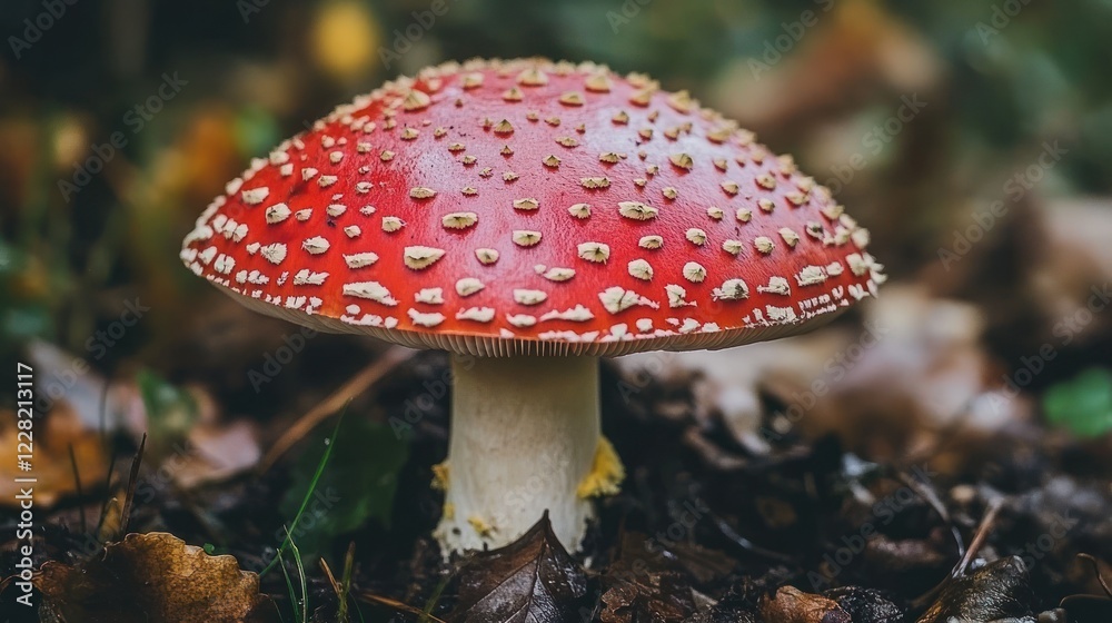 A vibrant red mushroom with white spots grows in the forest A vibrant red mushroom with white spots grows in the forest