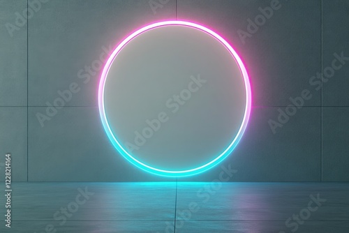 Neon circle glows softly against minimalist wall, creating seren photo