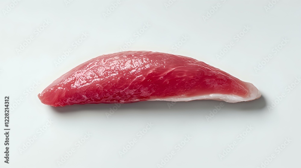 Fresh raw tuna sashimi slice with vibrant red color and marbled texture on white background, ready for Japanese cuisine preparation and food photography. Fresh raw tuna sashimi slice with vibrant red color and marbled texture on white background, ready for Japanese cuisine preparation and food photography.