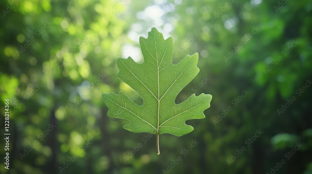 Obraz premium Single Green Leaf Against Blurred Forest Background