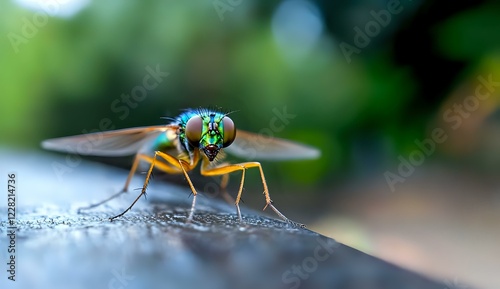 Macro shot of long-legged fly with metallic blue-green body and large compound eyes resting on stone surface against blurred natural background. photo