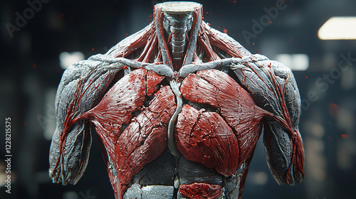 A realistic 3D simulation of a torn pectoral muscle, highlighting the rupture and internal bleeding with precise anatomical details.