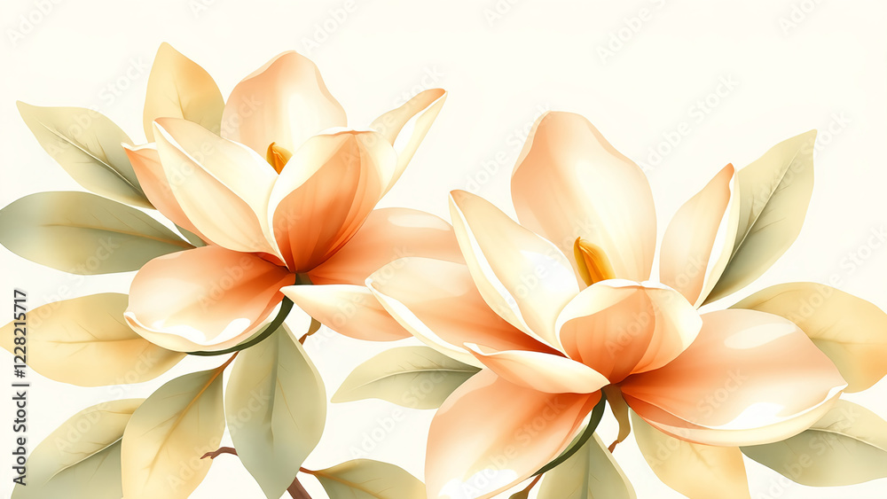 A soft and elegant watercolor painting of magnolia flowers in pastel peach and champagne gold, with muted sage green leaves. A soft and elegant watercolor painting of magnolia flowers in pastel peach and champagne gold, with muted sage green leaves.