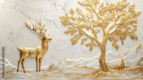 Golden relief artwork featuring a majestic deer beside a tree in a mountainous landscape