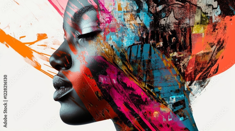 Fototapeta premium Artistic portrait showcasing vibrant colors and abstract patterns merging with a profile of a woman